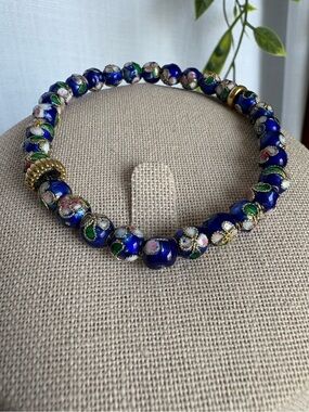 Vibrant Blue Cloisonne Floral Bead Elastic Bracelet Gold Spacer Accents